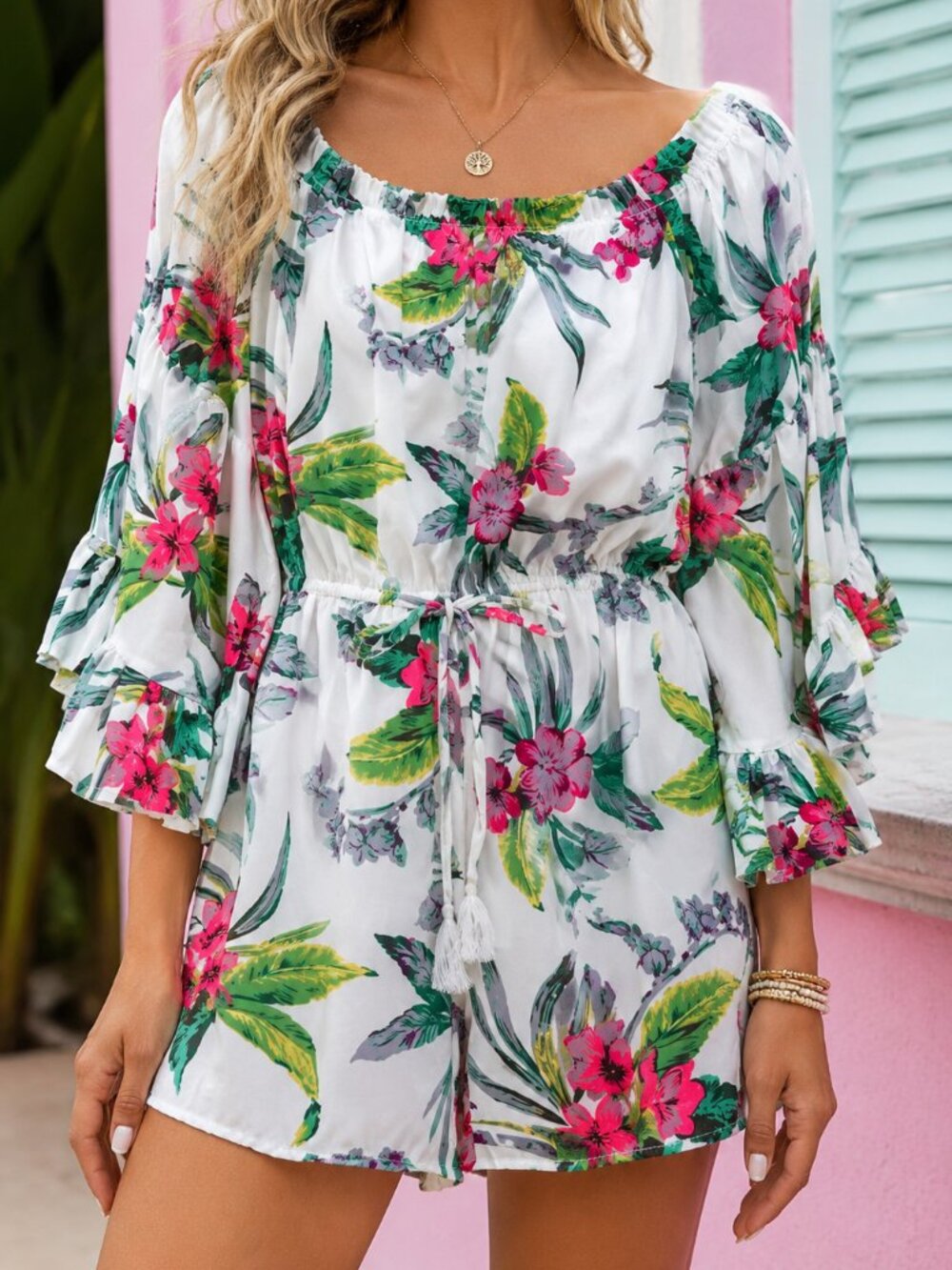 Hint of Blush Floral Off-Shoulder Romper - Size Small - Bell Sleeves White Print